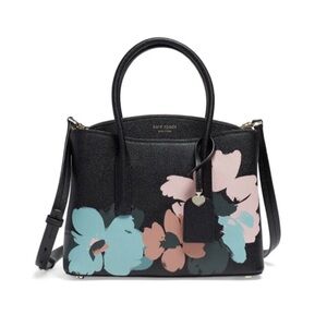 Kate Spade Black Pebbled Leather Brush Bloom Margaux Medium Satchel Bag $298